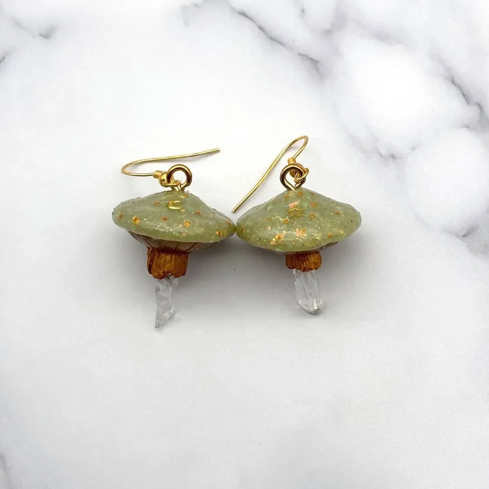 Green Mushroom Quartz Crystal Earrings | Polymer Clay Dangle with Moon and Star